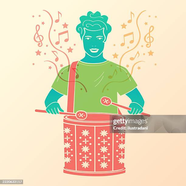 young man playing red snare drum in risograph style - festa junina stock illustrations