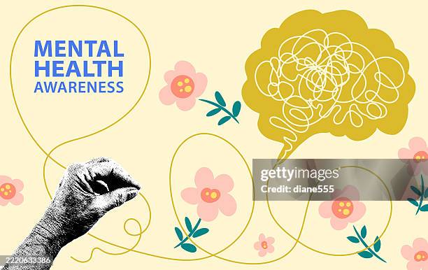 abstract mental health wellness concept for therapy. a hand holds a curvy string. - cognitive stock illustrations