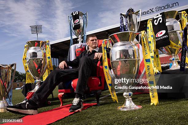 Owen Farrell of Saracens poses for a portrait after signing a new contract with Saracens at StoneX Stadium on June 17, 2025 in Barnet, England.
