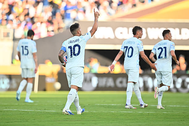 Lautaro Martínez of FC Internazionale celebrates with teammates after scoring his team's first goal during the FIFA Club World Cup 2025 group E match...
