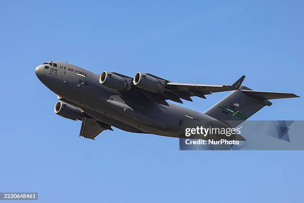 Boeing C-17 Globemaster III a large military transport aircraft of the United States Air Force USAF departs from Amsterdam Schiphol Airport AMS. The...