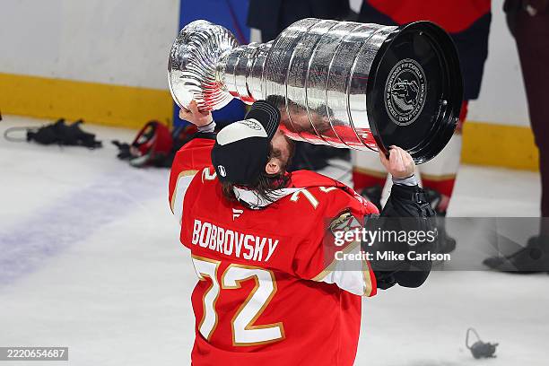 Sergei Bobrovsky of the Florida Panthers celebrates with the Stanley Cup after defeating the Edmonton Oilers in Game Six of the 2025 Stanley Cup...