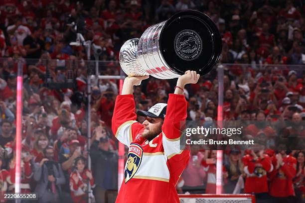 Aleksander Barkov of the Florida Panthers celebrates with the Stanley Cup after defeating the Edmonton Oilers in Game Six of the 2025 Stanley Cup...