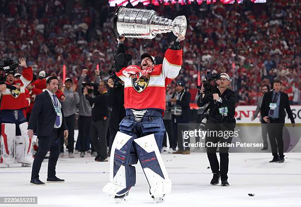 Sergei Bobrovsky of the Florida Panthers celebrates with the Stanley Cup after defeating the Edmonton Oilers in Game Six of the 2025 Stanley Cup...