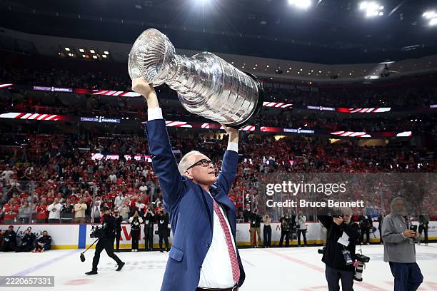 Head coach Paul Maurice of the Florida Panthers celebrates with the Stanley Cup after defeating the Edmonton Oilers in Game Six of the 2025 Stanley...