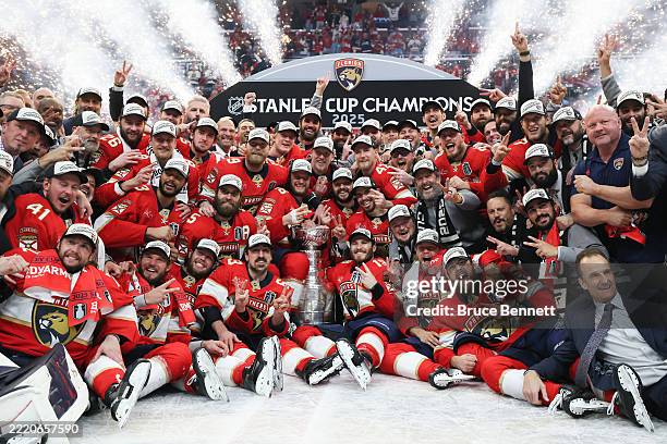 The Florida Panthers celebrate with the Stanley Cup after defeating the Edmonton Oilers in Game Six of the 2025 Stanley Cup Final at Amerant Bank...