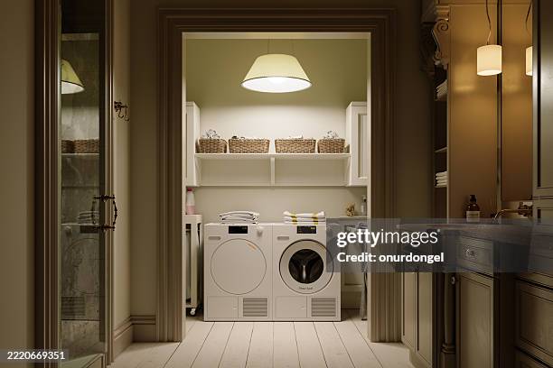 intérieur de buanderie confortable avec laveuse et sécheuse modernes, éclairage chaleureux et armoires élégantes - buanderie photos et images de collection