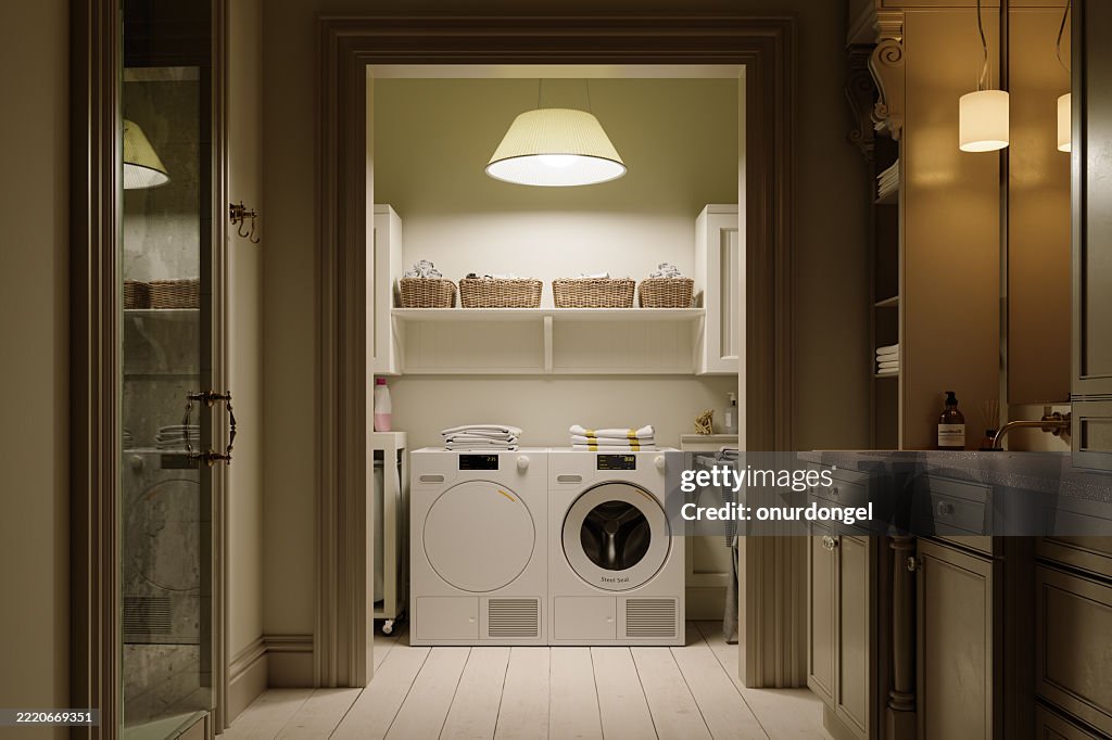 Cozy Laundry Room Interior With Modern Washer And Dryer Warm Lighting ...