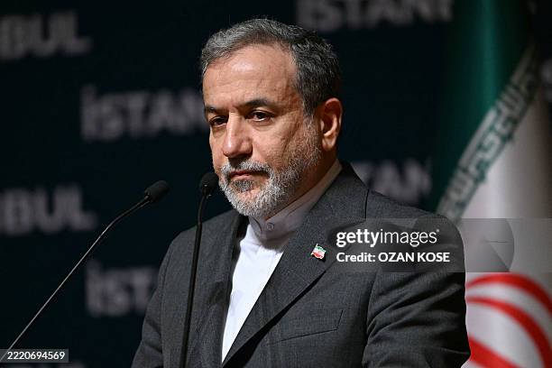 Iran foreign minister Abbas Araghchi, lookd on during a press conference at the Lutfi Krdar Congress Center on the sideline of the 51st session of...