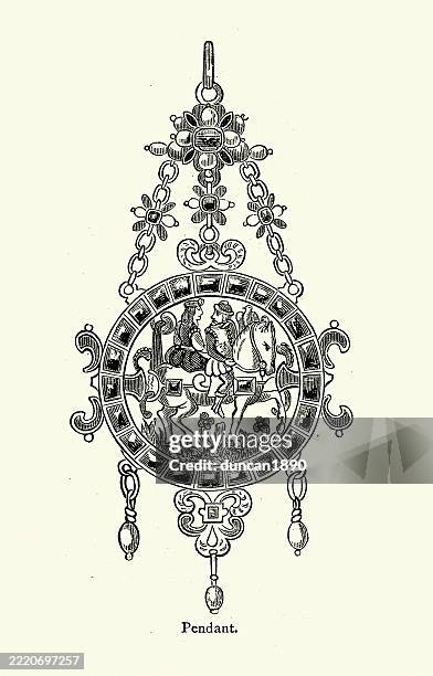 medieval and tudor pendants, jewelry design, man, woman, riding, horse, double, falconry, falcon - tudor style stock illustrations
