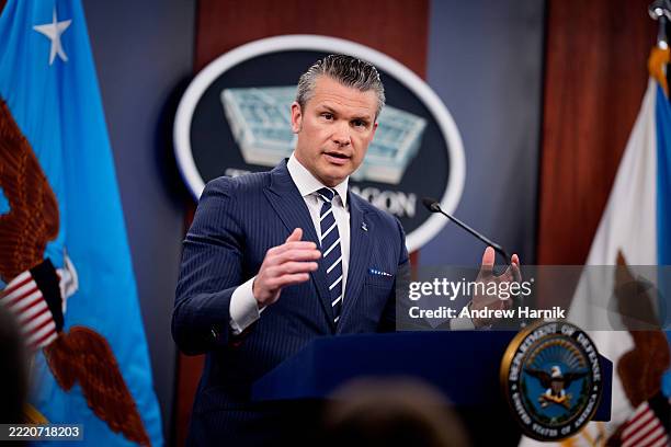Defense Secretary Pete Hegseth speaks during a news conference at the Pentagon on June 22, 2025 in Arlington, Virginia. U.S. President Donald Trump...