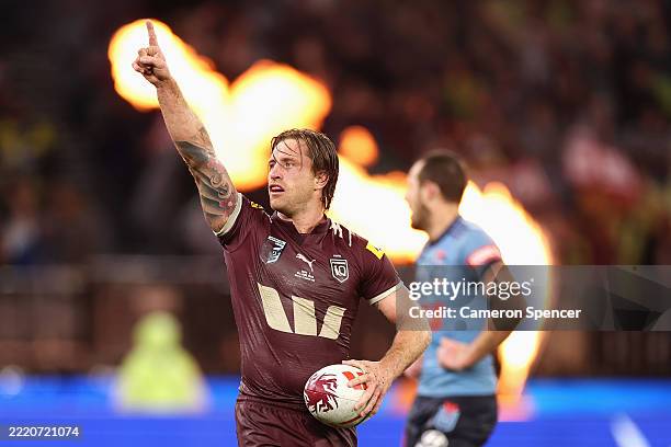 Cameron Munster of the Maroons celebrates winning game two of the Men's State of Origin series between Queensland Maroons and New South Wales Blues...