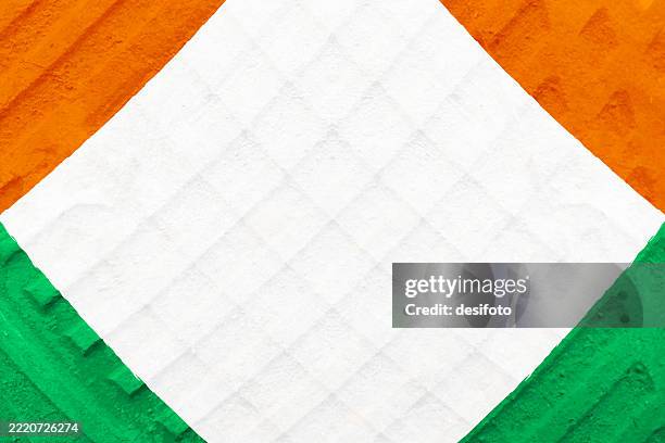 empty blank grooved textured creative three colored striped bordered horizontal vector background in orange and green color corner border as indian flag and ireland, niger and côte d'ivoire (ivory coast) design painted on plastered white wall - rhombus stock illustrations