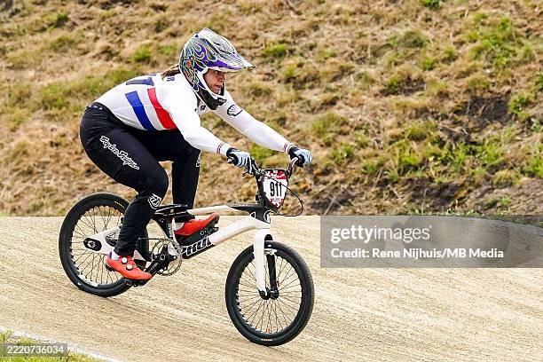 Bethany Shriever of Great Britain leads in the Women's Elite Final during Round 4 of the 2025 UCI BMX Racing World Cup at Sportcentrum Papendal on...