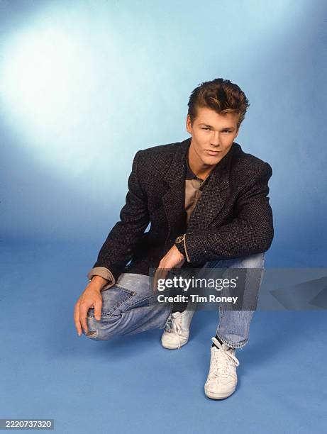 Studio portrait of singer Morten Harket, from Norwegian pop group A-ha, London, circa 1985.