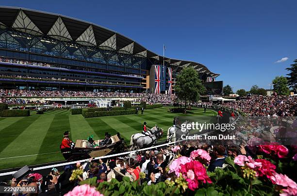 The Royal procession enters the grandstand on day two during Royal Ascot 2025 at Ascot Racecourse on June 18, 2025 in Ascot, England.