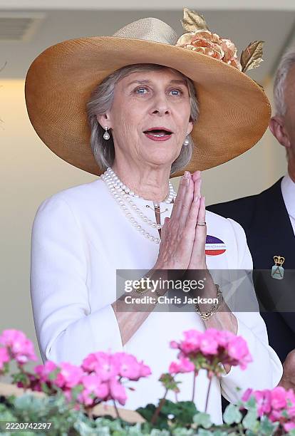 Birgitte, Duchess of Gloucester reacts as she attends day two of Royal Ascot at Ascot Racecourse on June 18, 2025 in Ascot, England.