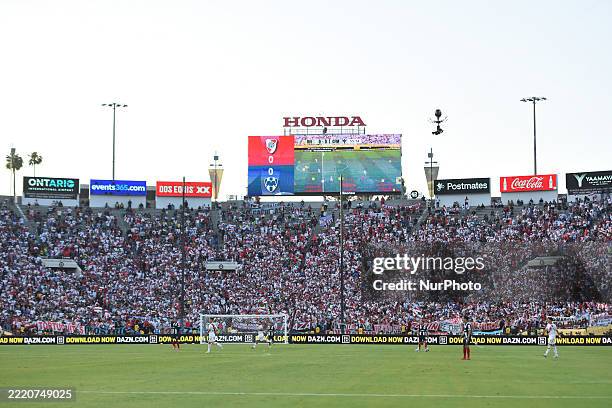 River Plate fans attend the match between River Plate and Club Monterrey at Rose Bowl Stadium in Pasadena, LA, on June 21.