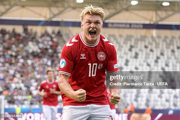 KOSICE, SLOVAKIA Conrad Harder of Denmark celebrates after scoring their first side goal during the UEFA European Under-21 Championship 2025 Group...