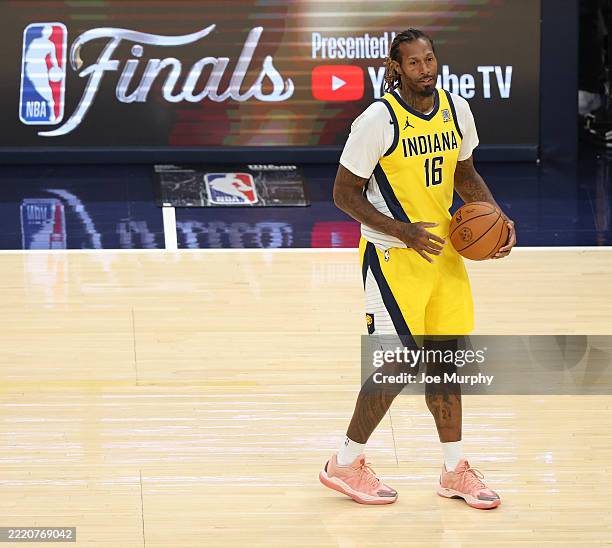 James Johnson of the Indiana Pacers handles the ball during the game against the Oklahoma City Thunder during Game 6 of the 2025 NBA Finals Practice...
