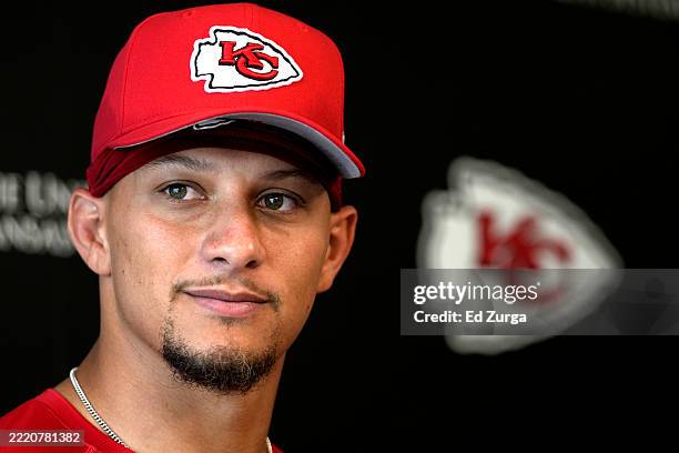 Patrick Mahomes of the Kansas City Chiefs talks with the media after a mandatory minicamp at The University of Kansas Health System Training Complex...