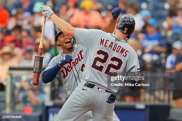 Wenceel Pérez of the Detroit Tigers celebrates his home run against the Tampa Bay Rays with Parker Meadows during the seventh inning of a baseball...