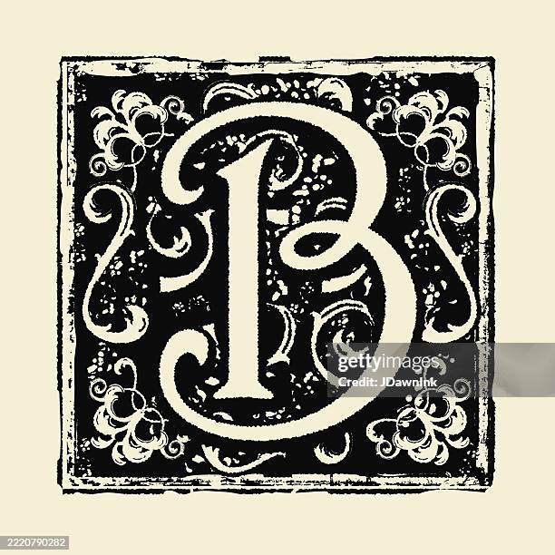 vintage engraving style letter b decorative drop cap for beginning of old book very worn textured style - letter b stock illustrations