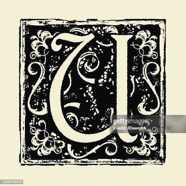 vintage engraving style letter u decorative drop cap for beginning of old book very worn textured style - letter u stock illustrations