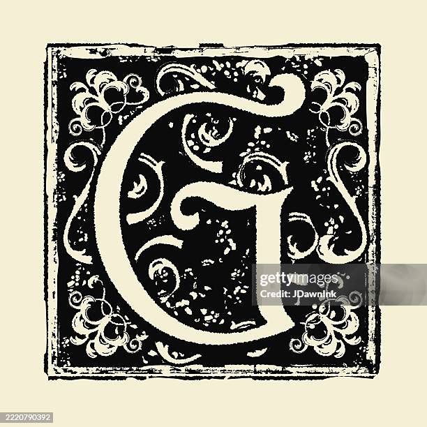vintage-gravurstil buchstabe g dekorative tropfenkappe für den anfang des alten buches sehr abgenutzter strukturierter stil - gravur stock-grafiken, -clipart, -cartoons und -symbole
