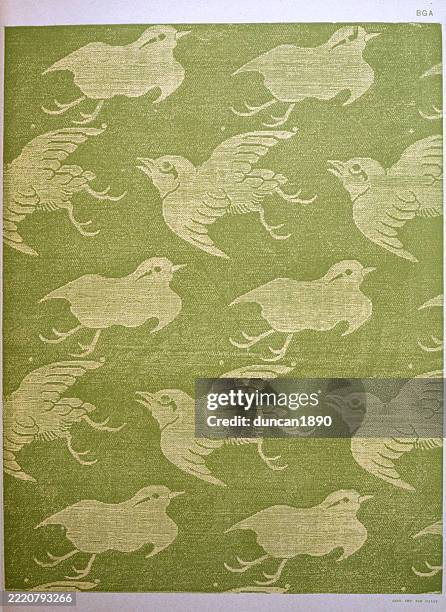 japanese art, golden birds in flight, fabric pattern, vintage illustration 19th century - traditional japanese painting stock illustrations