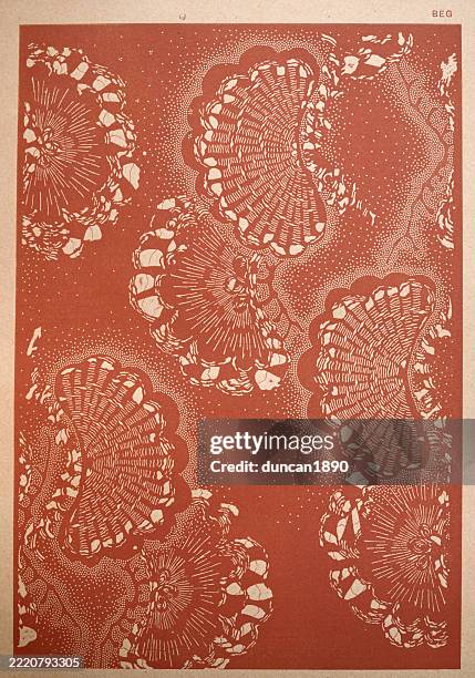 japanese art, background pattern, shells on sand, vintage illustration 19th century - shell pattern stock illustrations