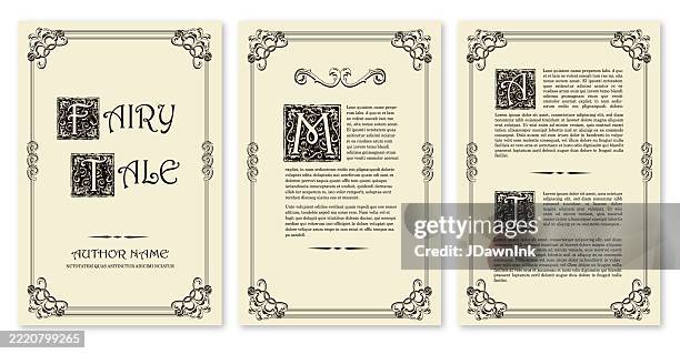 illustrations, cliparts, dessins animés et icônes de modèle de conception de livre de conte de fées antique avec couverture et pages intérieures avec couleur de papier vintage et lettres majuscules lettrées à la main - décoration de fête