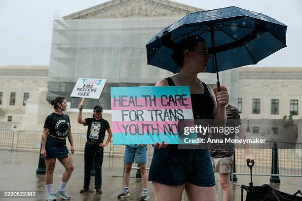 Protester holds a sign in support of gender-affirming care for transgender youth outside of the U.S. Supreme Court Building on June 18, 2025 in...