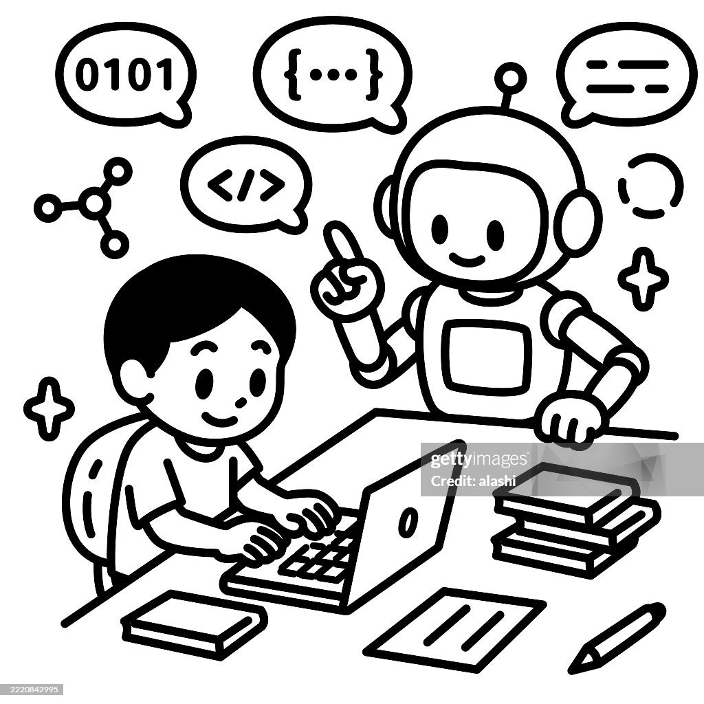 A boy and an AI robot engaged in a computing or programming activity. STEM (Science, Technology, Engineering, Mathematics) education. Black outline with flat colors, minimalist style
