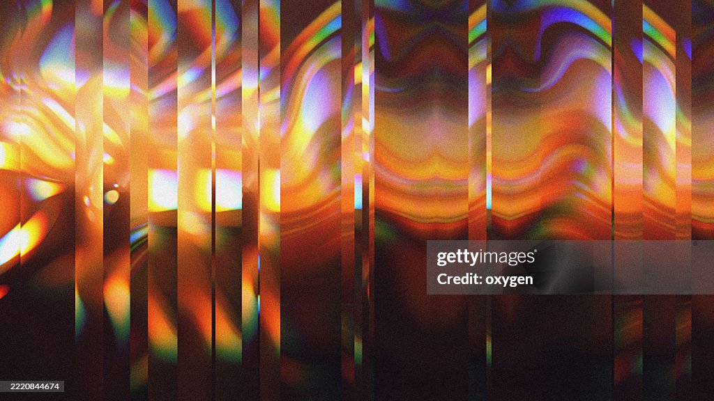 Prismatic Light Refraction Through Vertical Glass Strips. Abstract glowing refraction pattern with warm tones and rainbow highlights behind vertical glass-like lines.