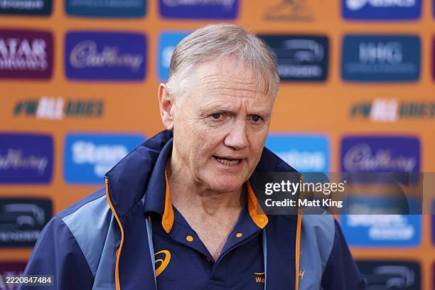 Wallabies head coach Joe Schmidt speaks to the media during an Australian Wallabies visit to Stanmore Public School on June 19, 2025 in Sydney,...