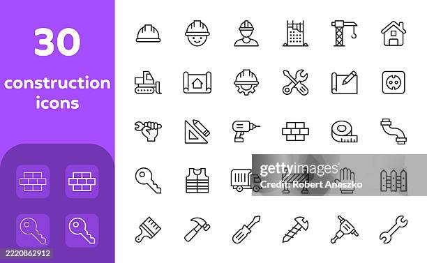 ilustraciones, imágenes clip art, dibujos animados e iconos de stock de construction line icons. editable stroke. contains such icons as repair, renovation, safety, hammer, brick, work tools, home, interior design, building. - casco de trabajo