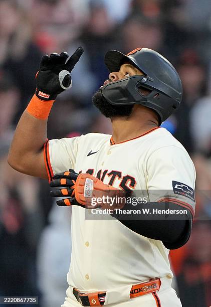 Heliot Ramos of the San Francisco Giants celebrates after hitting a two-run home run against the Cleveland Guardians in the bottom of the fifth...