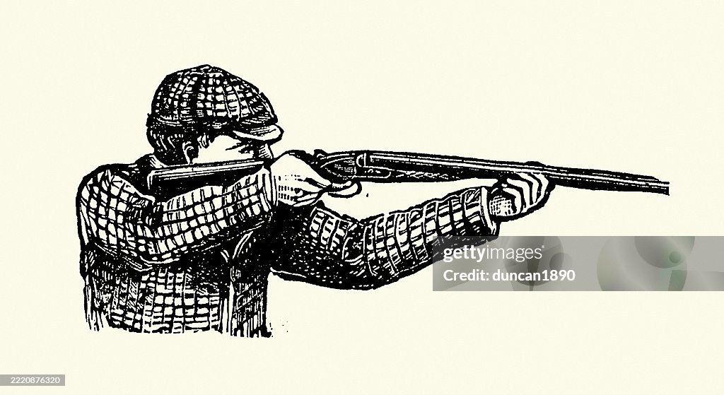 Uomo, guardiacaccia, sparare un fucile, vittoriano, illustrazione vintage, 19 ° secolo