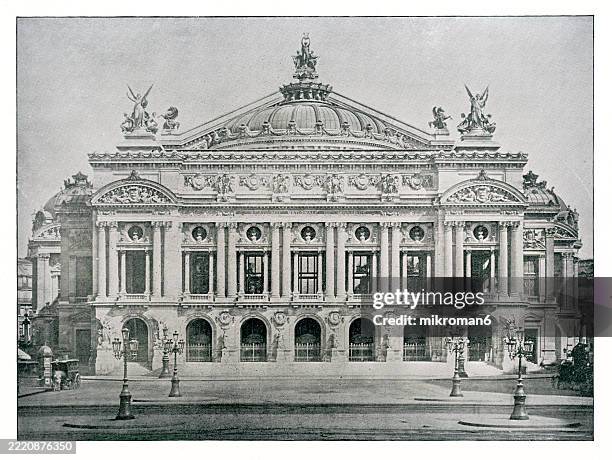 old engraving illustration of the palais garnier or opéra garnier, a historic opera house at the place de l'opéra of paris, france - opera garnier stock pictures, royalty-free photos & images