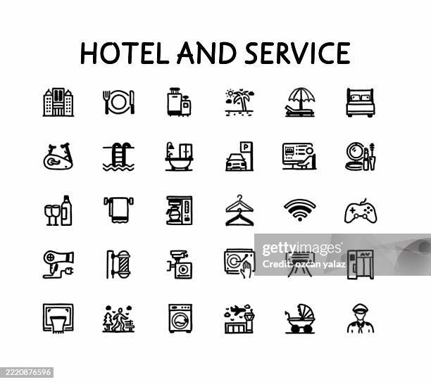 hotel service related hand drawn vector doodle icon set. - bathrobe stock illustrations
