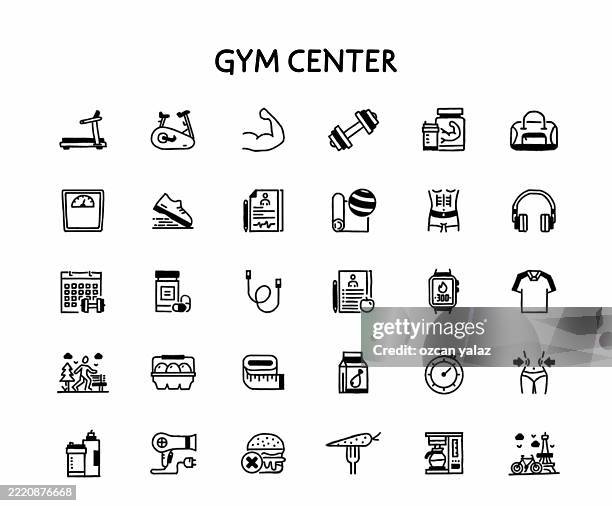 gym center related hand drawn vector doodle icon set. - bodybuilder sleeping stock illustrations