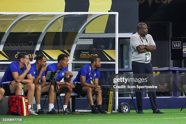 Suriname head coach Stanley Menzo watches play during the Concacaf Gold Cup Group stage match between Dominican Republic and Suriname on June 22 at...