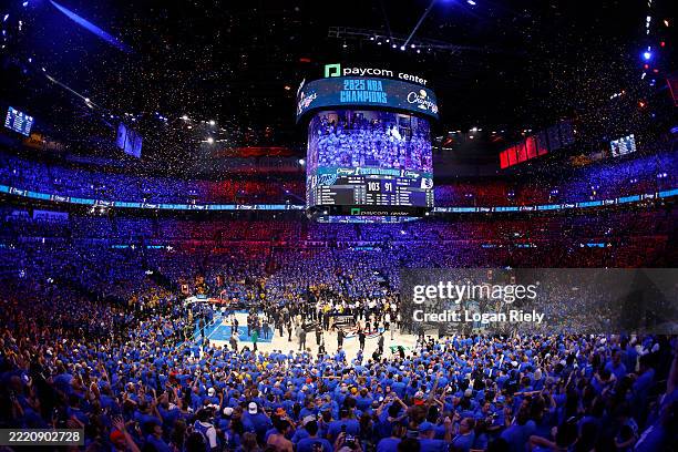 The Oklahoma City Thunder fans celebrate wining the 2025 NBA Championship after the game against the Indiana Pacers during Game Seven of the 2025 NBA...