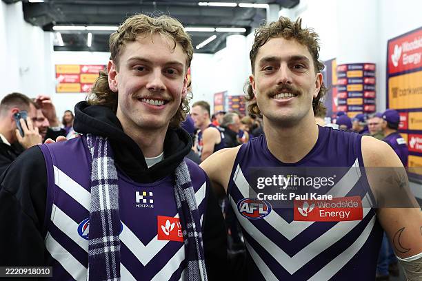 Luke Travers and Luke Jackson of the Dockers pose following the round 15 AFL match between the Fremantle Dockers and Essendon Bombers at Optus...