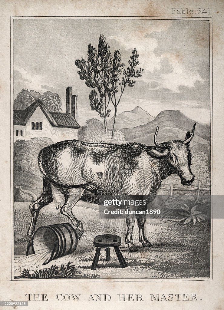 Aesops Fables Or The Aesopica Cow Kicking Over Milk Pail Vintage aesops-fables-or-the-aesopica-cow-kicking-over-milk-pail-vintage