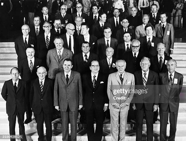 All the foreign ministers attending the CSCE conference pose for a group photo of the summit, on July 6, 1973 in Helsinki. 1st row: French Minister...