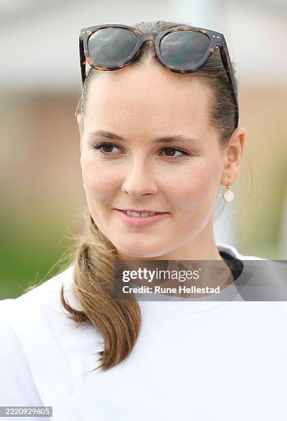 Norwegian Princess Ingrid Alexandra visits the Red Cross Summer Emergency Response Unit at Kadettangen on June 19, 2025 in Sandvika, Norway.