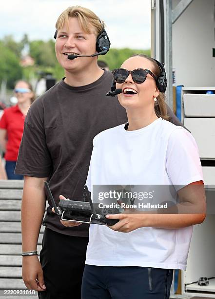 Norwegian Princess Ingrid Alexandra and Prince Sverre Magnus learn how to operate a drone during their visit at the Red Cross Summer Emergency...