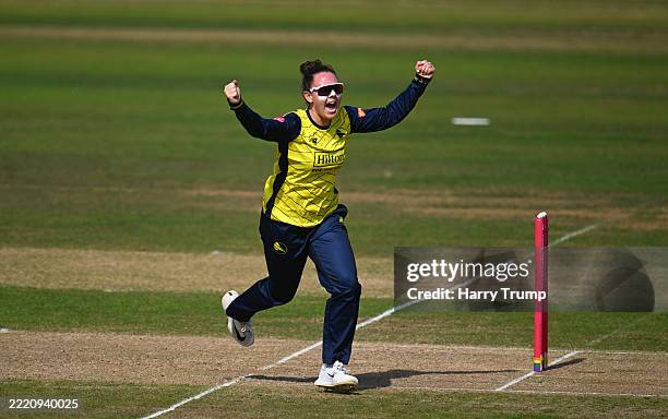 Linsey Smith of Hampshire Hawks celebrates the wicket of Sophie Luff of Somerset during the Vitality Blast Women match between Somerset and Hampshire...